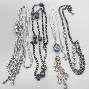 Silver Tone Long Chain Beaded Blue Tassel Pendant Necklaces Crystal Set Of 4